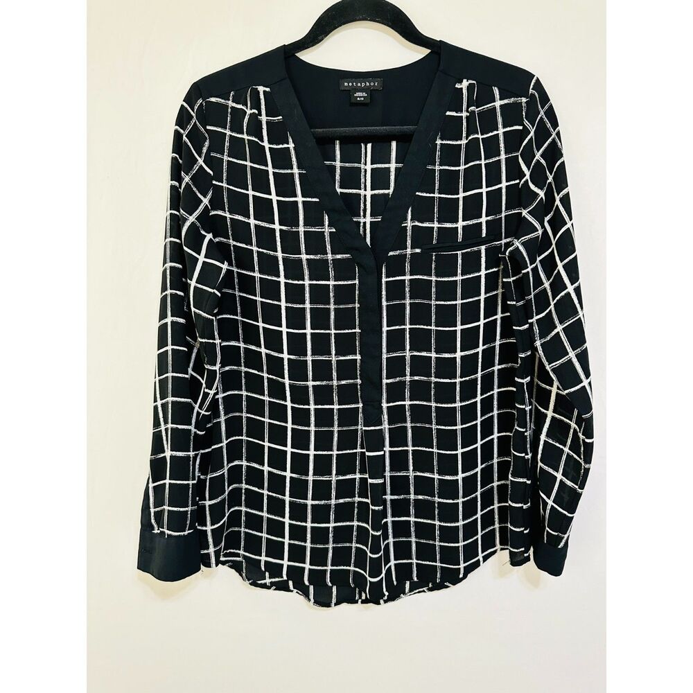 Metaphor Women's Long Sleeve Black/White Checked Deep V-Neck Blouse Size S